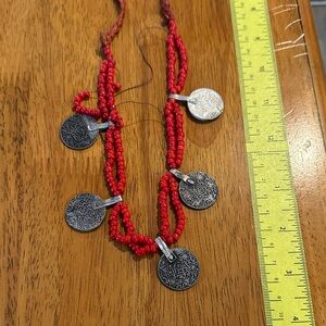 Antique Moroccan Red Beaded Necklace with Silver coins. Early 20th century.